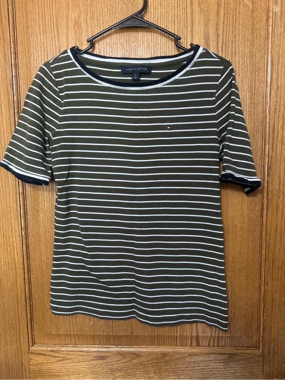 Tommy Hilfiger Olive Green & White Striped Short Sleeve Tee
